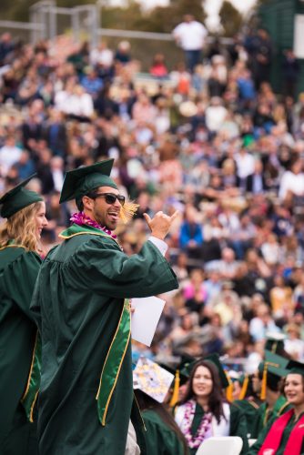 A male student in graduation cap, robe and sunglasses gestures happily to friends at Commencement.
