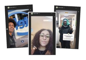 Screenshots of Instagram posts featuring a young man in front of the sign at Intel headquarters, a young woman in front of a wall with the tags "Los Angeles, Calif." and "Sound On," and a young woman in scrubs giving two thumbs up with captions that read "The surgery fit" and "Ask me questions about my internship"