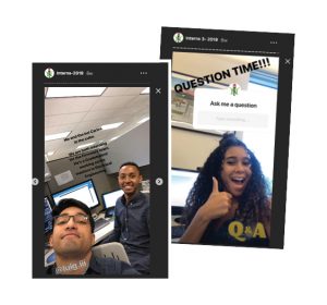 Screenshots of Instagram posts featuring two young men in a cubicle with the caption "Me and the boi Carlos in the cube, both interning at Firmware" and "a young woman smiling with thumbs up and the caption "Question time! Ask me a question."