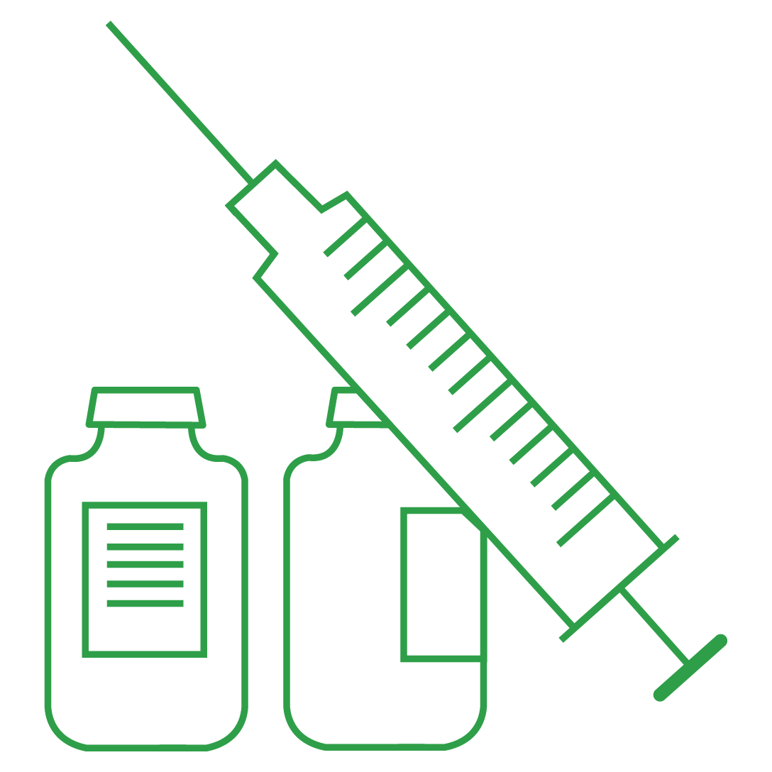 Line drawing of a syringe and medicine bottles.