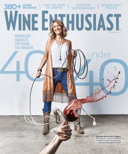 Alumna Amanda Wittstrom-Higgins lassos a glass of red wine on the cover of Wine Enthusiast magazine