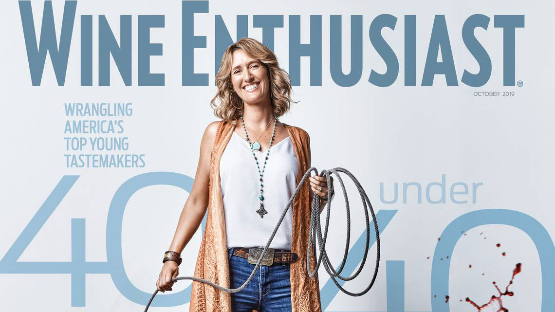 Amanda Wittstrom-Higgins appears on the cover of Wine Enthusiast with a lasso in her hand.