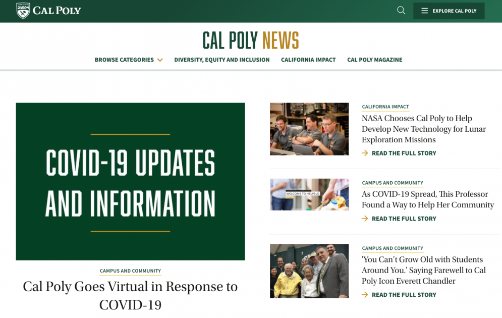 A screen capture of the Cal Poly News website, including articles on COVID-19