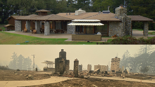 In a split image, a sprawling ranch-style building sits in front of trees on a green lawn; below, two stone chimneys are all that remain of the same building in front of a smoky sky.