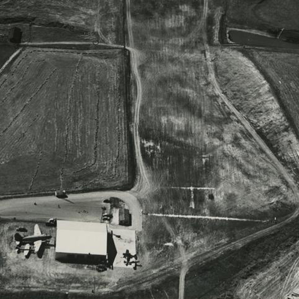 An aerial image of the Cal Poly hangar and airstrip
