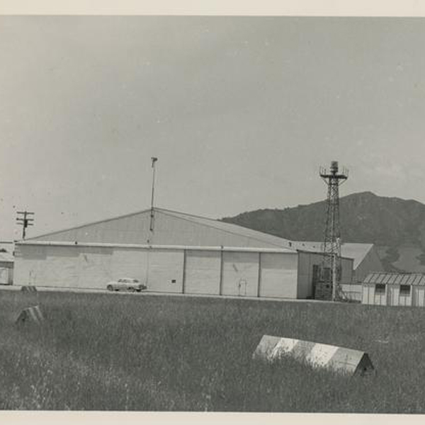 A black and white image of the Cal Poly aeronautics hanger