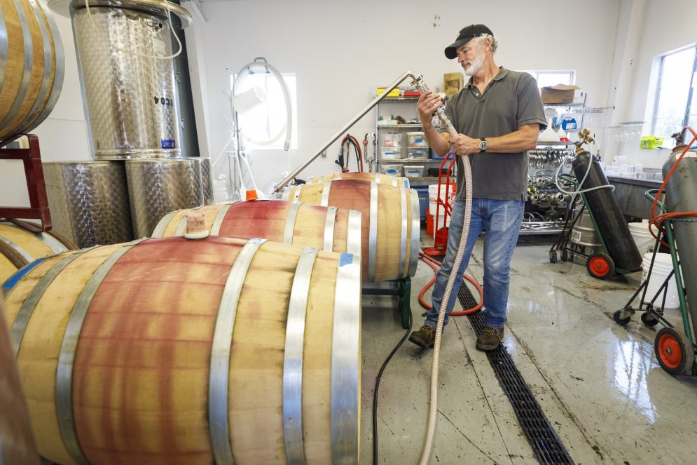 A man in a polo shirt and cap siphons wine into a barrel in a Cal Poly wine and viticulture lab.