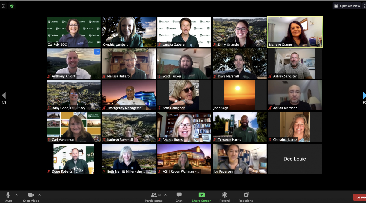 A screen shot of a zoom gathering of Cal Poly leaders
