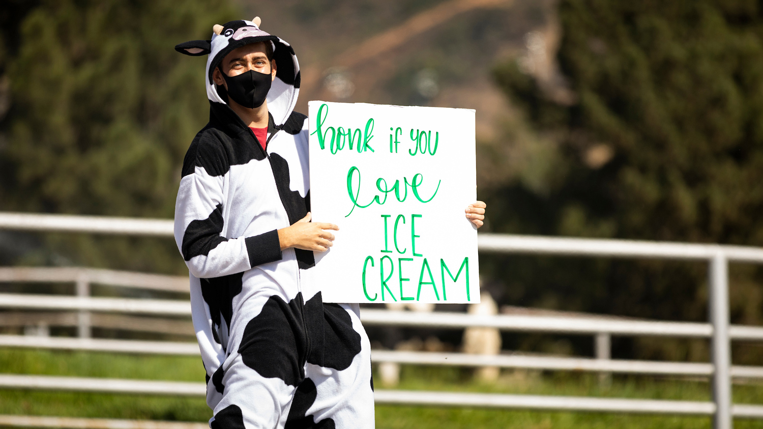 A person in a cow costume holds a sign that reads "honk if you love ice cream"