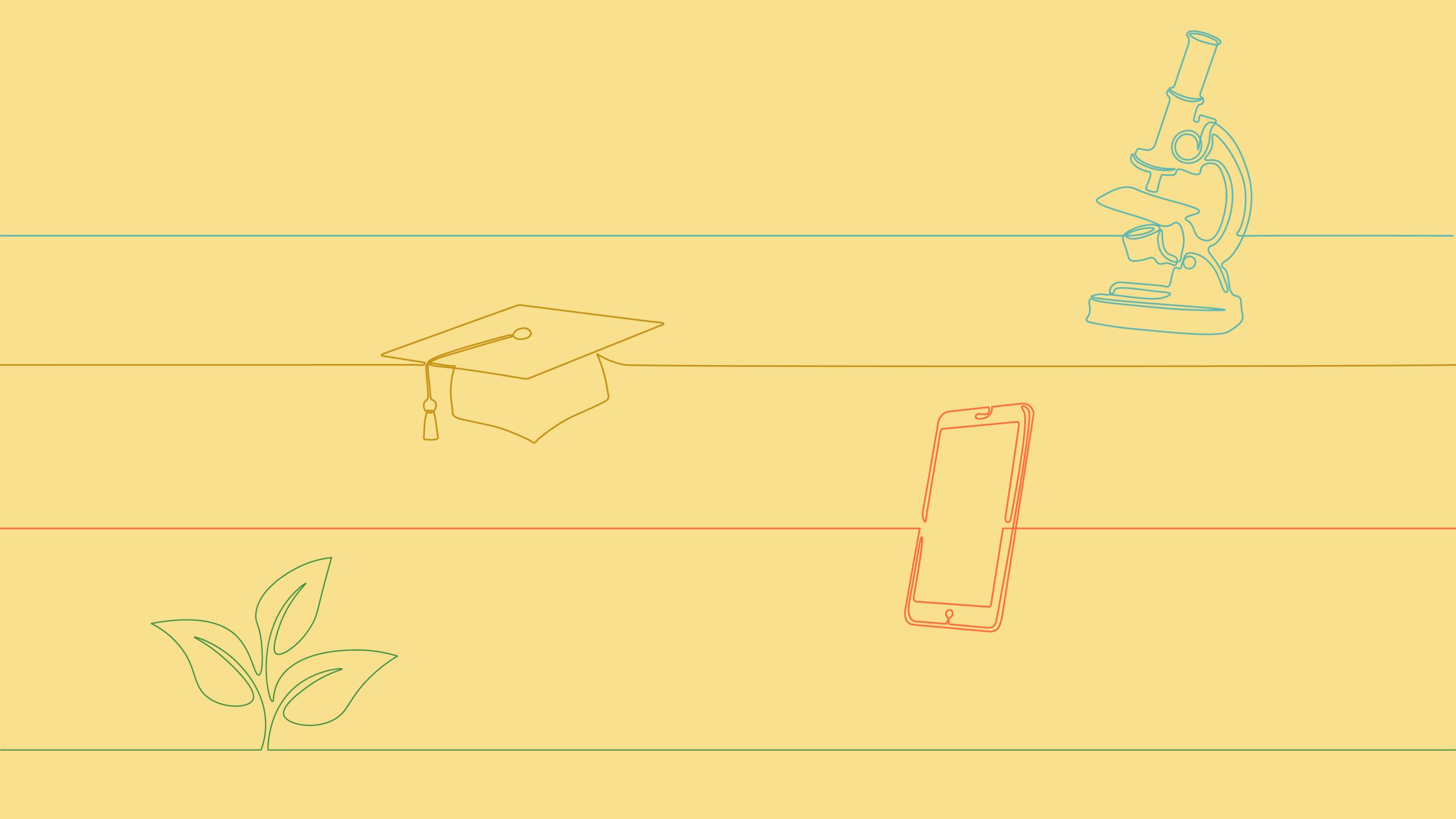 An illustration of a microscope, a cell phone, a plant and a graduation cap