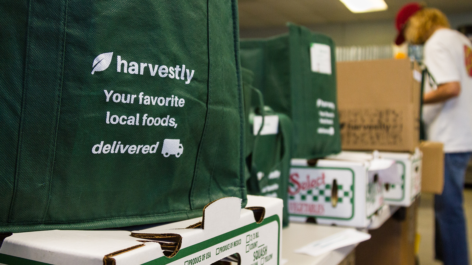 A green tote back, filled with foods and printed with the words "Harvestly - your favorite local foods delivered" sits on a table with produce boxes, while a young man in the background packs another bag.