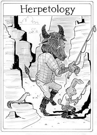 A black and white cartoon showing an anthropomorphic buffalo and bunny stalking a lizard in a canyon, unaware that the lizard is watching them. The headline reads "Herpetology"