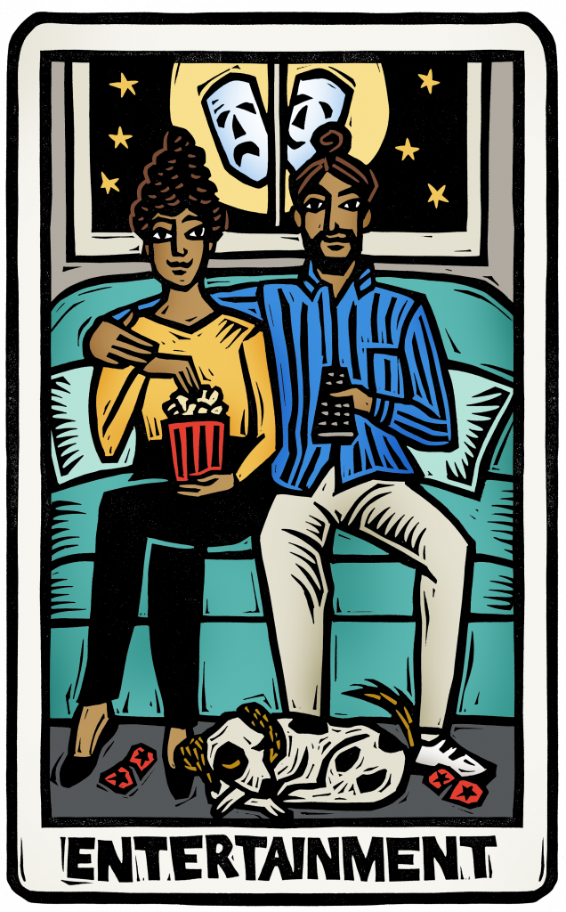 An illustration of a tarot card showing a couple watching a movie at home on their couch with popcorn. a dog sleeps at their feet next to torn movie tickets. comedy and tragedy masks appear in the window behind them.
