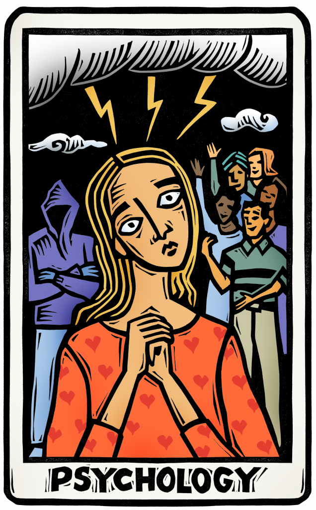 An illustration of a tarot card featuring a frightened woman - over one shoulder is a mysterious threatening figure, over the other is a group of friends smiling and beckoning her to join them