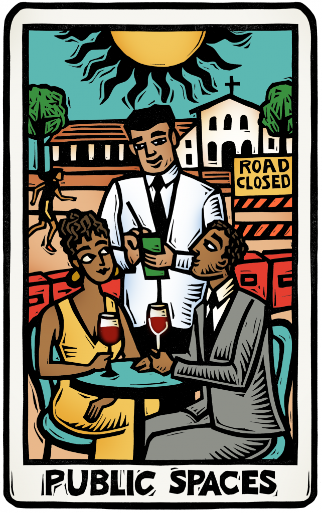 An illustration of a tarot card showing a couple dining at an outdoor restaurant space in the sunshine, a waiter taking their order, while people walk in the backgroun with the SLO Mission visible.