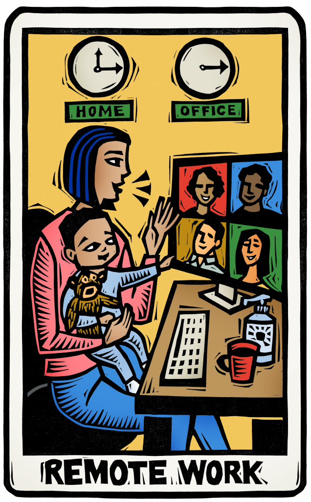 An illustration of a tarot card featuring a woman holding a child on her lap while she works from home. clocks on the wall indicate she's in a different time zone than her colleagues. a screen on her desk shows coworkers meeting via zoom.