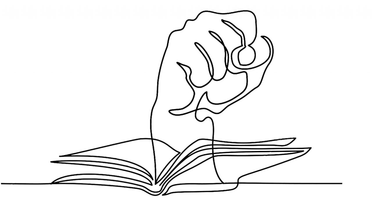 An illustration of a book with a hand