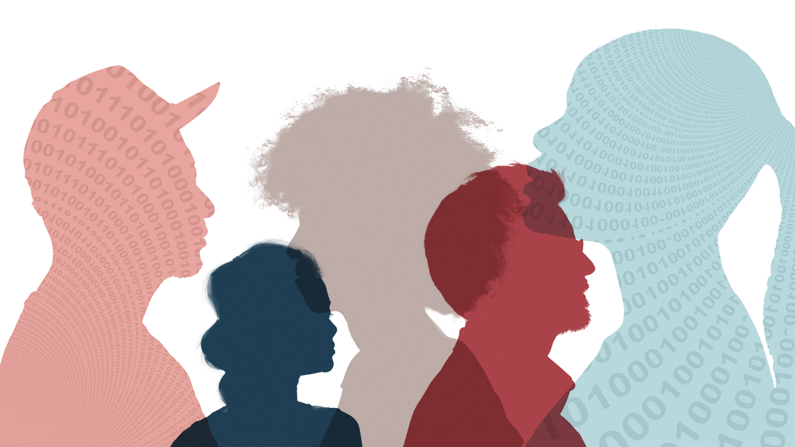Five silhouettes of people in varying colors with binary code