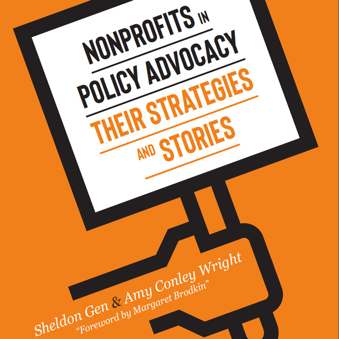 An orange book cover that reads 'Nonprofits + Policy Advocacy: Their Strategies and Stories