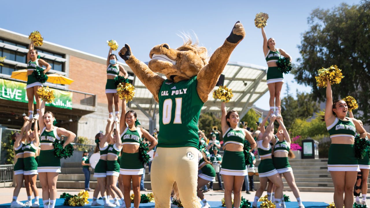 A Cal Poly pep rally with the Musty mascot and cheer team members performing in UU Plaza