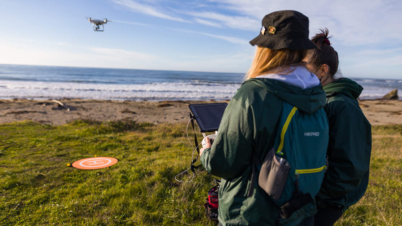 Graduate students Kate Riordan and Molly Murphy pilot a drone at one of the beaches near San Simeon. NMFS permit #22187-02