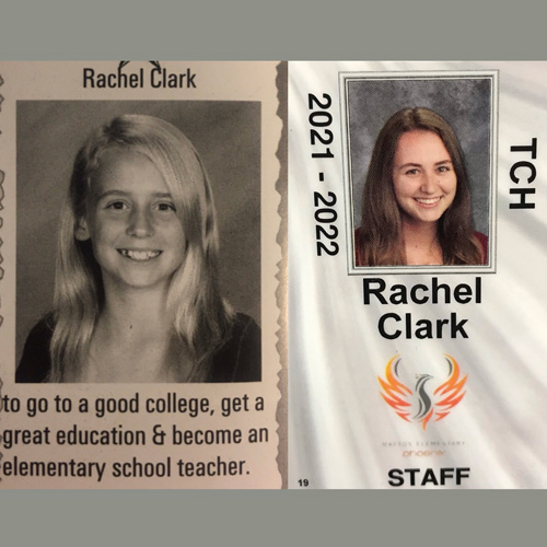 Rachel Clark's school identification badge with her elementary school yearbook photo with the text 'to go to a good college and get a great education and be come an elementary school teacher'