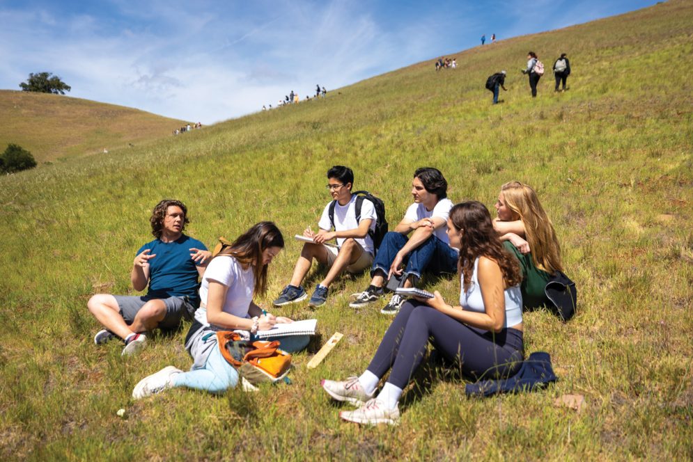A group of six students discusses design concepts while sitting in green grass in Poly Canyon