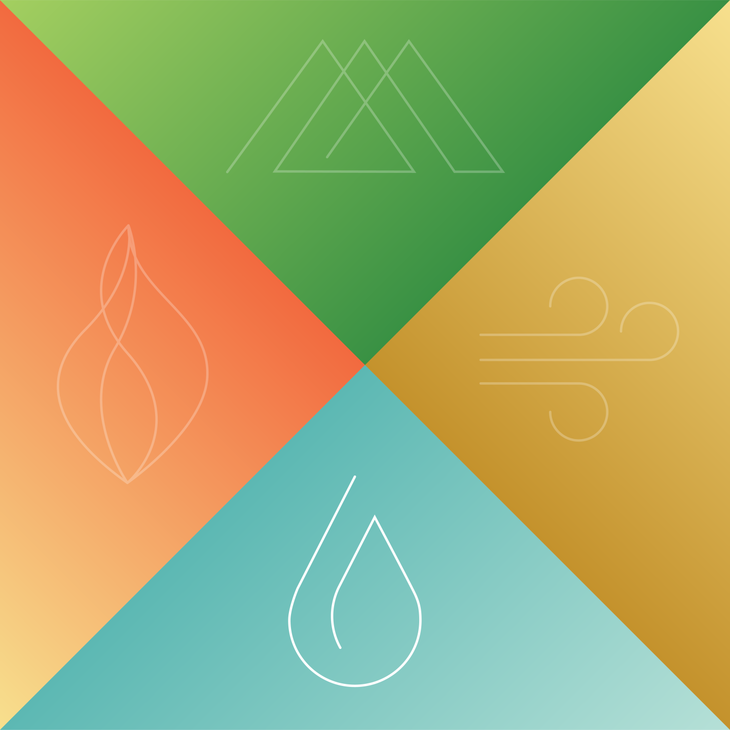 Four colorful icons of earth, wind, fire and water