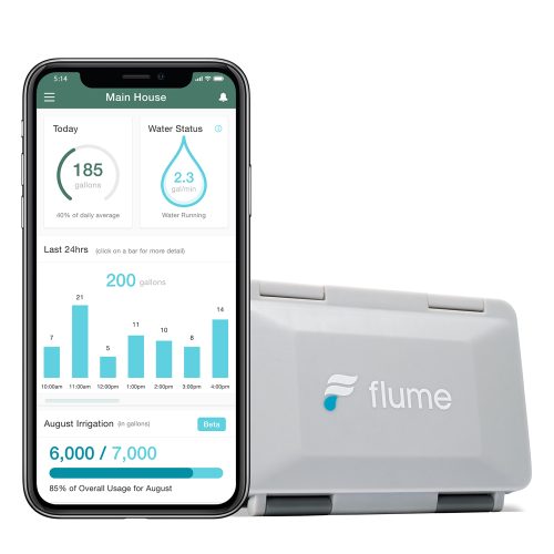 The Flume app display on a smartphone screen and its hardware.