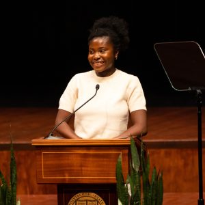 Cal Poly ASI President Gracie Babatola speaks in the Performing Arts Center