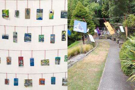 Two images showing art on postcards hung in a galllery and a park