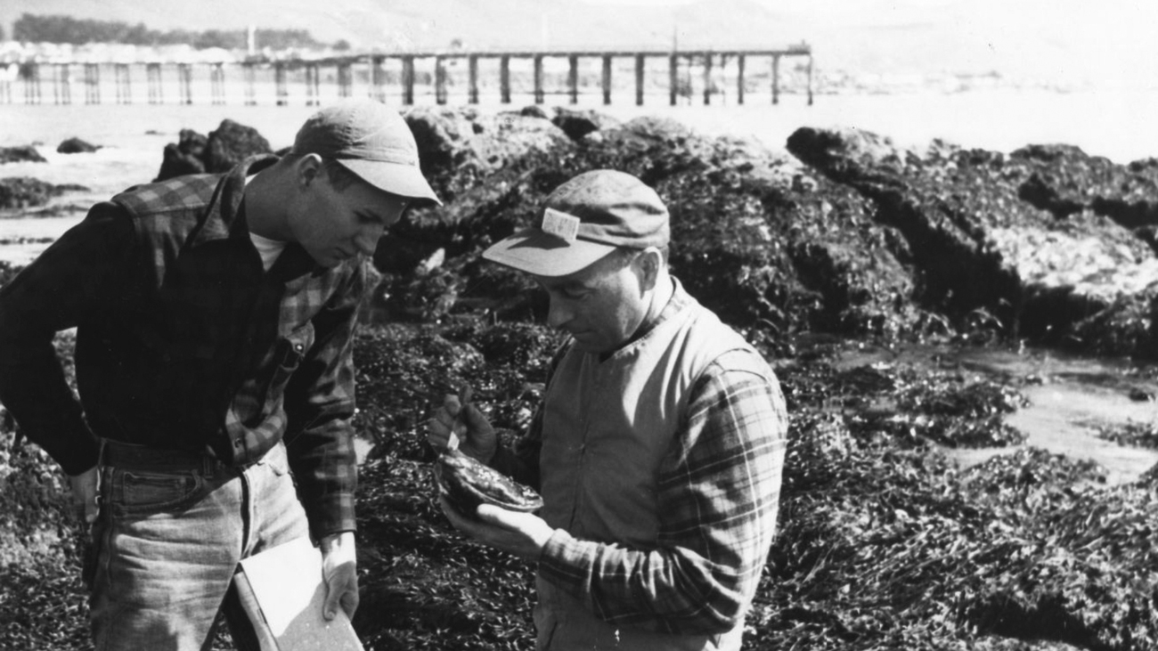 A black and white image of a Cal Poly faculty member and a student examining a specimen from an Avila Beach tide pool