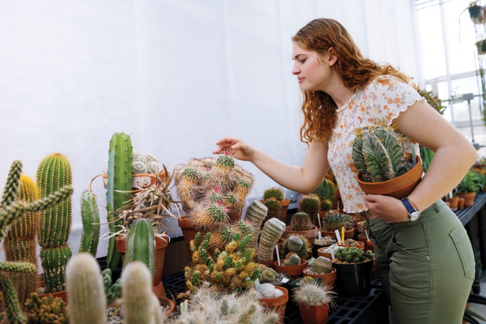 A student holds a cactus in front of a table of succulents and cacti in the Cal Poly Plant Conservatory
