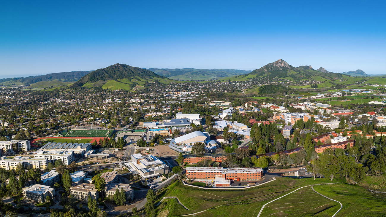 An aerial photo of Cal Poly's campus on a sunny day