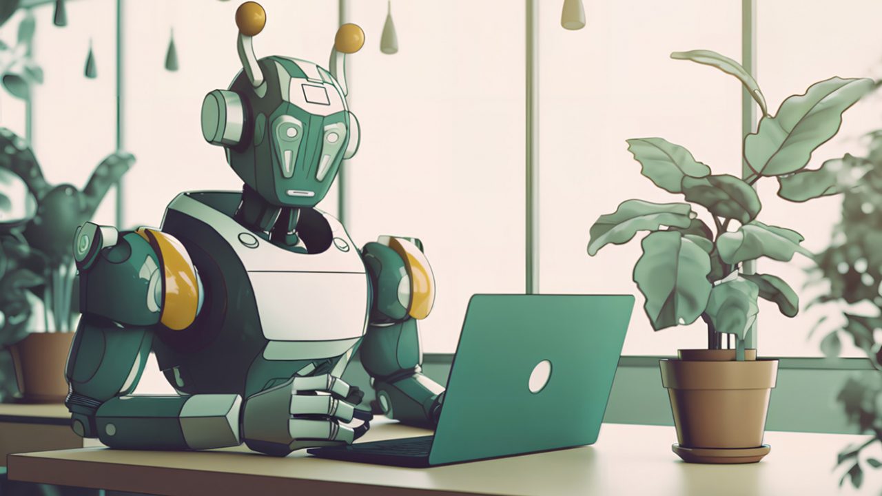 A sci-fi robot types on a laptop in a plant-filled coffee shop.
