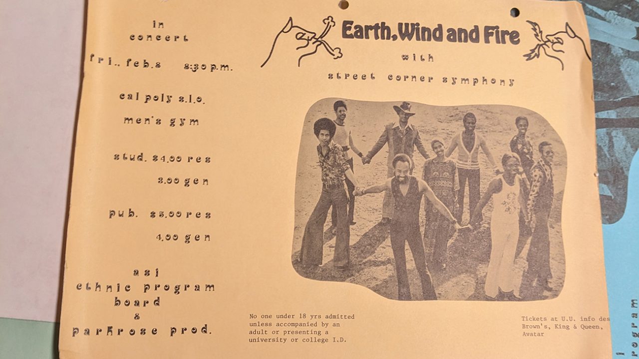 A sepia-toned flyer announcing a 1970s-era concert at Cal Poly featuring Earth, Wind and Fire