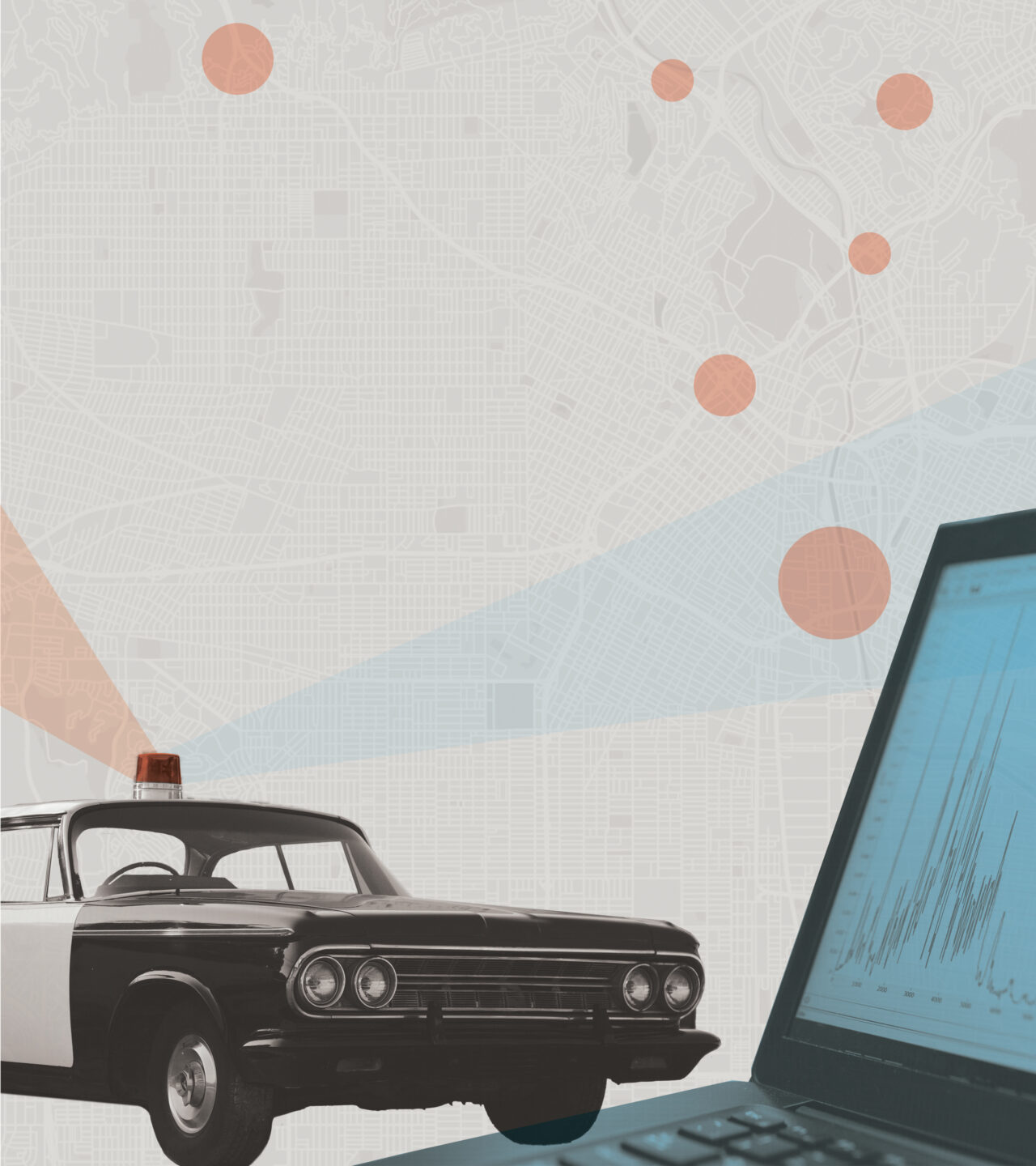 An illustration of a police car and laptop, superimposed over a city map with points highlighted