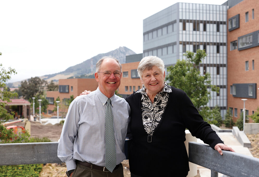 Phil and Tina Bailey on campus in front of the Baker Center for Science and Mathematics. 