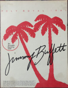 A poster advertising a 1981 Jimmy Buffet concert at Cal Poly, featuring two red palm trees.