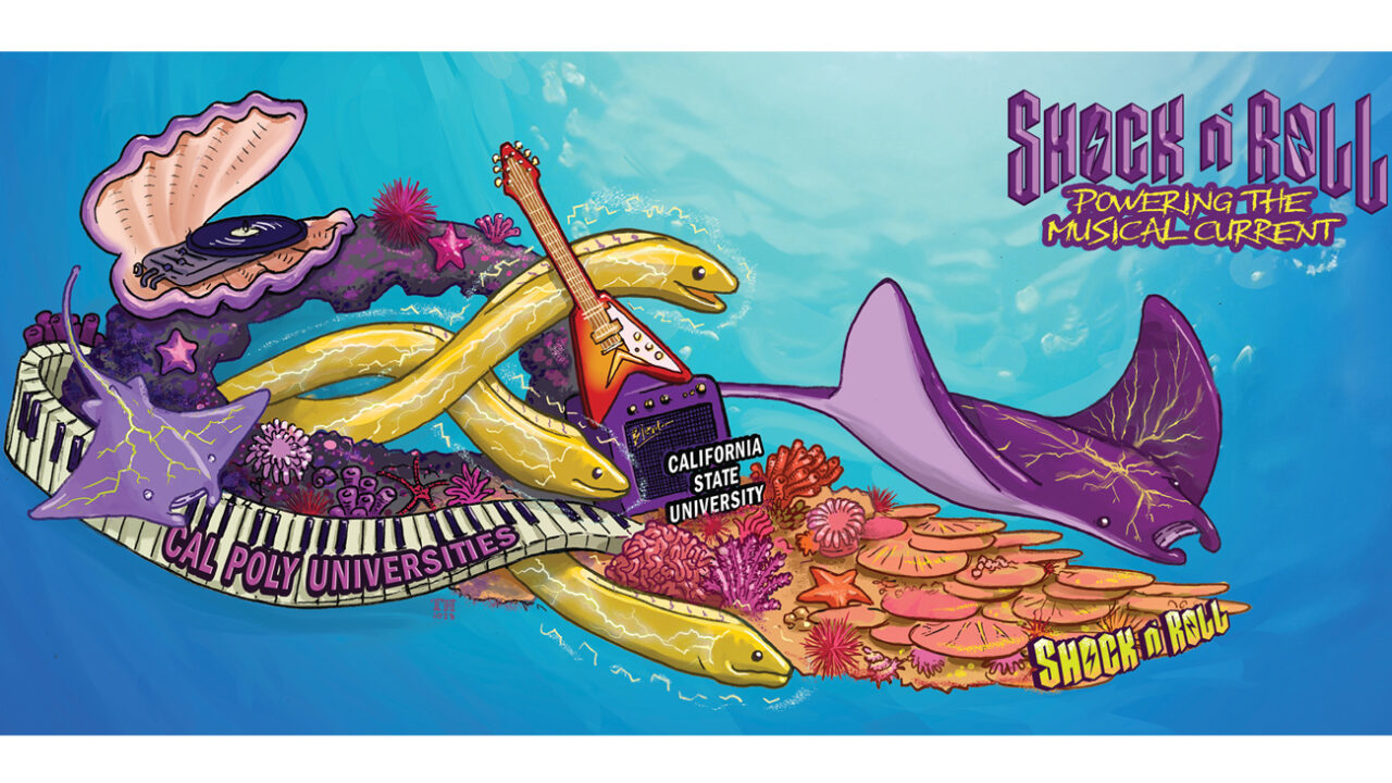 A rendering of the Cal Poly 2024 Rose Float "Shock 'n Roll" featuring manta rays, eels and musical instruments