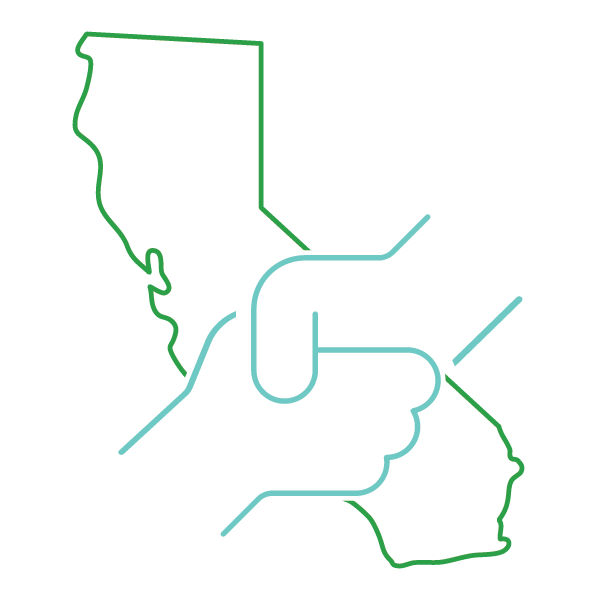Lineart depicting the state of California and a handshake