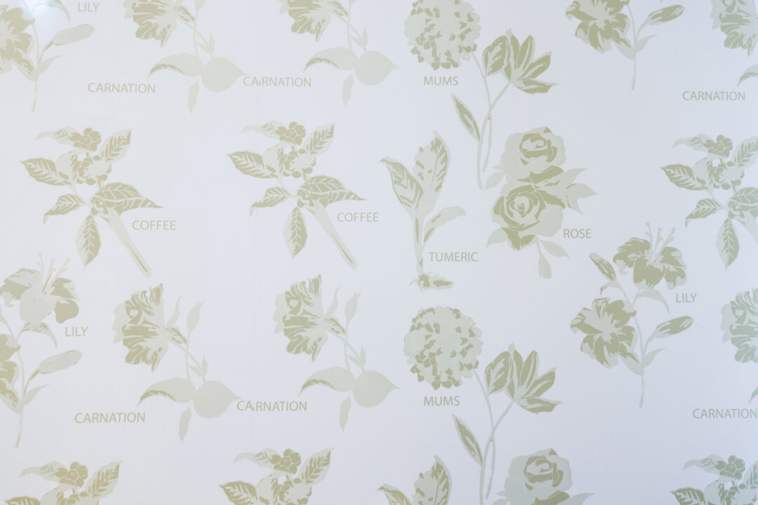 Illustrated wallpaper depicting floral elements of rose, tumeric, carnations, lily and coffee.