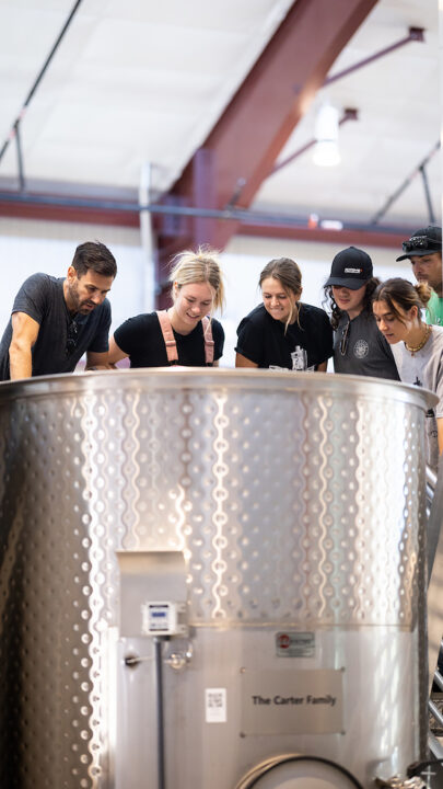 A professor and five students peer down into a large steel wine fermentation tank