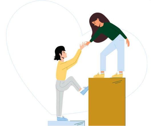An illustration of a person in a green sweater helping another in a yellow shirt up an obstacle