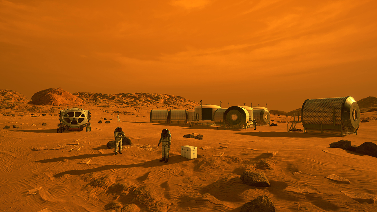 A realistic illustration of astronauts building a small outpost on Mars under a red sky.