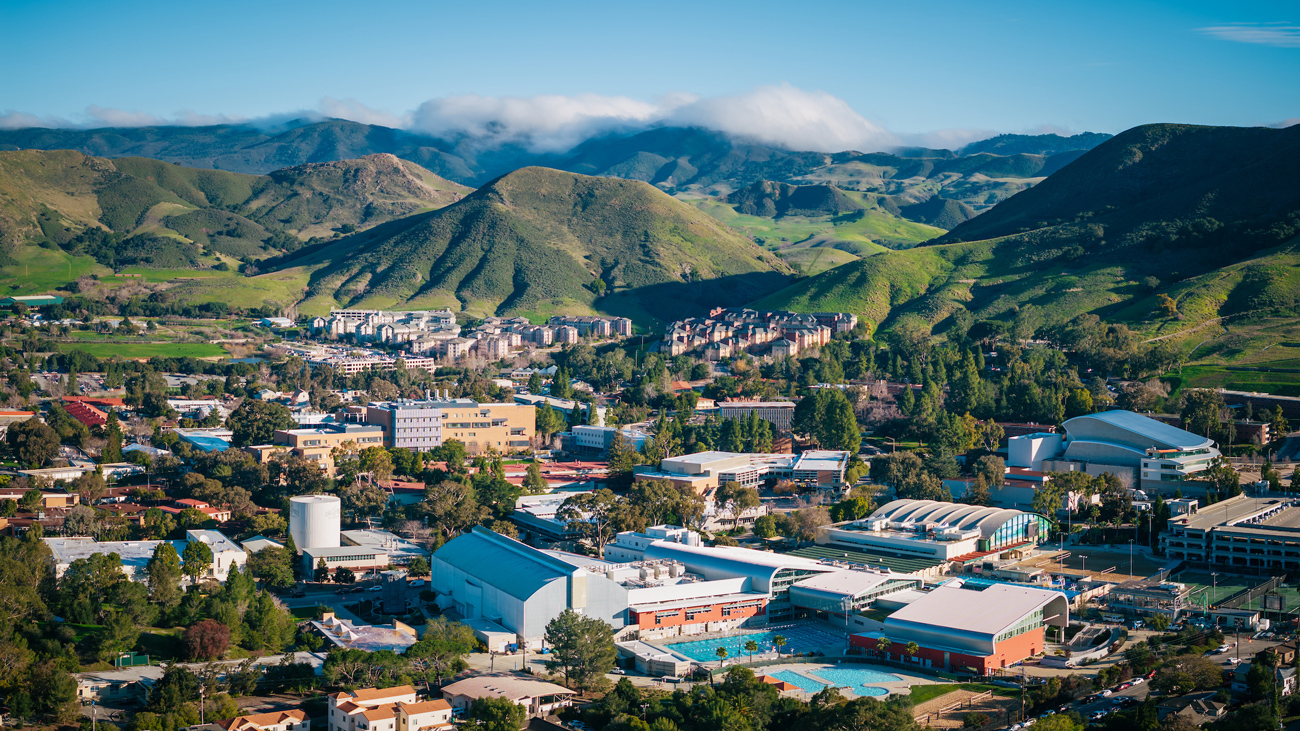 An aerial image of Cal Poly's campus under blue sky