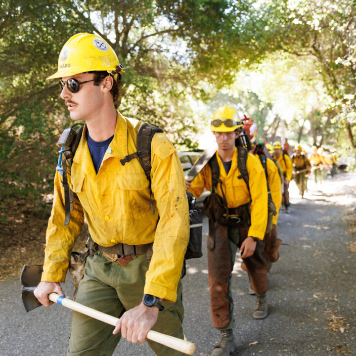 Firefighters wearing yellow helmets and jackets walk in a line carrying handtools