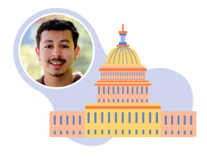 Cristian Reyes headshot with graphic of Washington, D.C. 