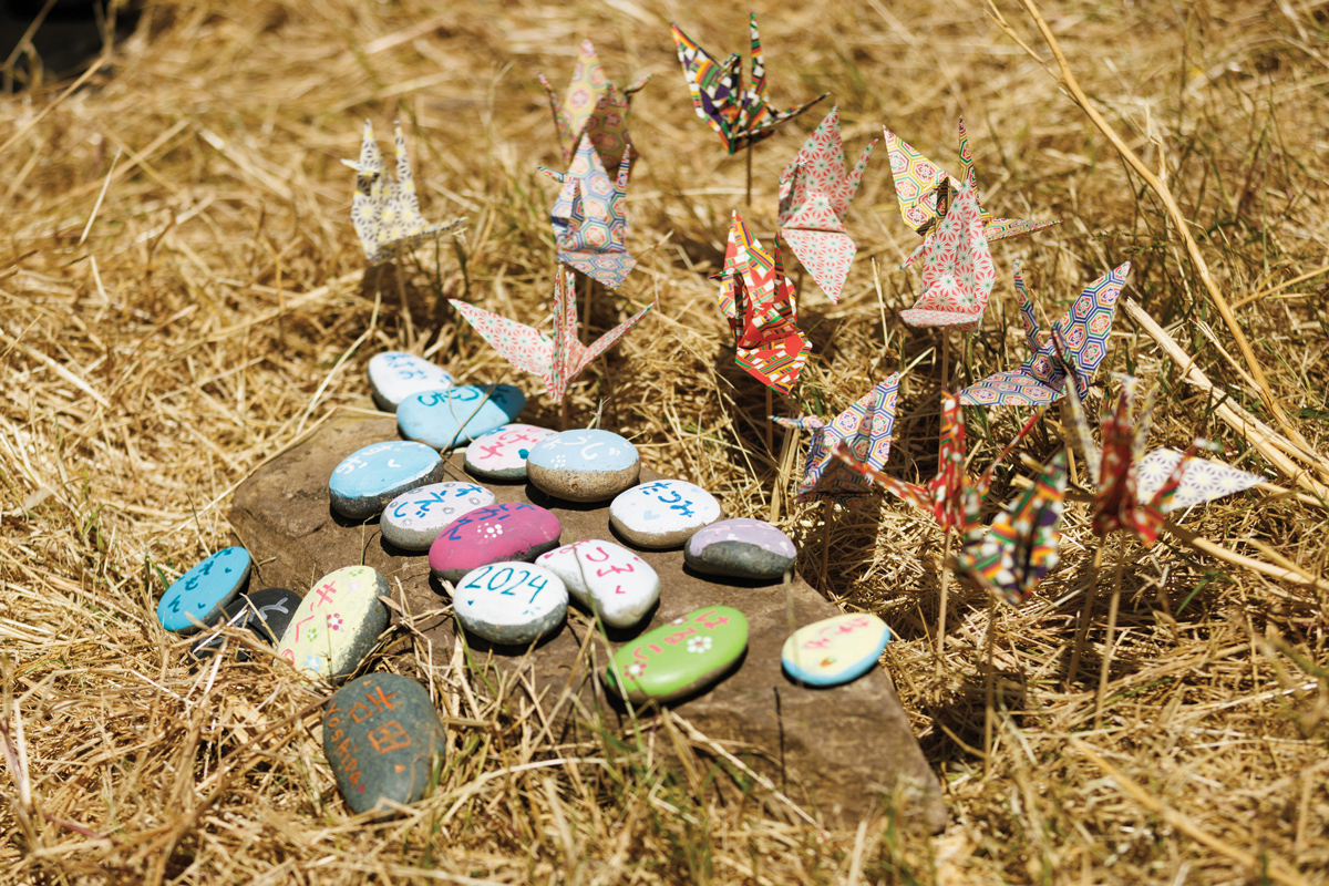 Seventeen colorfully painted rocks and origami cranes in the dried grass. 