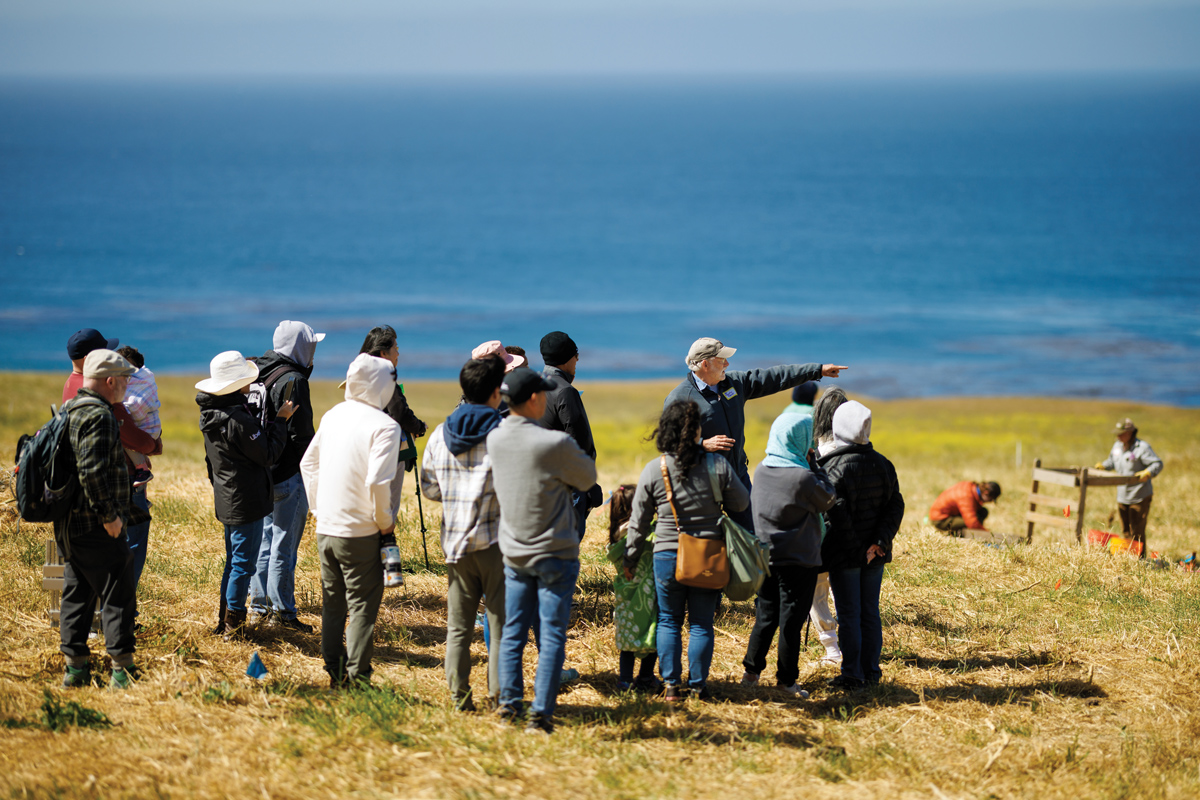 A group of people look where a professor is pointing near an anthropological excavation on a hillside near the Pacific Ocean